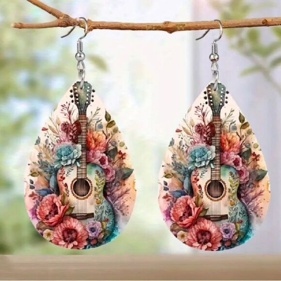 Pink and Blue Teardrop Dangle Earrings with Intricate Design - Picture 3 of 9